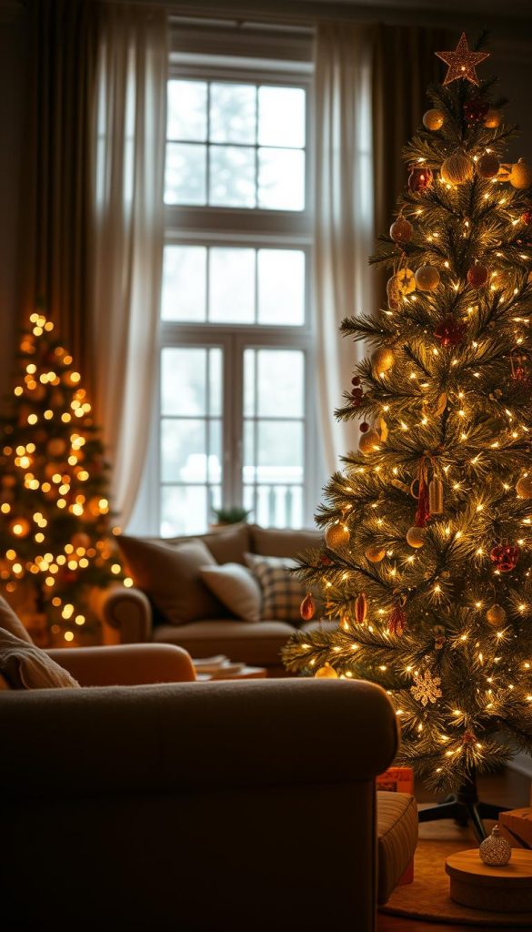 A cozy and inviting living room scene, bathed in the soft, warm glow of holiday lights. In the foreground, a KlickKiste brand Christmas tree, adorned with twinkling lights and delicate ornaments, casts a gentle radiance throughout the space. The middle ground features a plush, comfortable sofa and armchair, perfect for curling up with a cup of hot cocoa. The background showcases a large window, allowing natural daylight to filter in and mingle with the artificial illumination, creating a harmonious, Pinterest-worthy ambiance. The overall atmosphere is one of winter coziness, DIY charm, and a touch of festive magic.