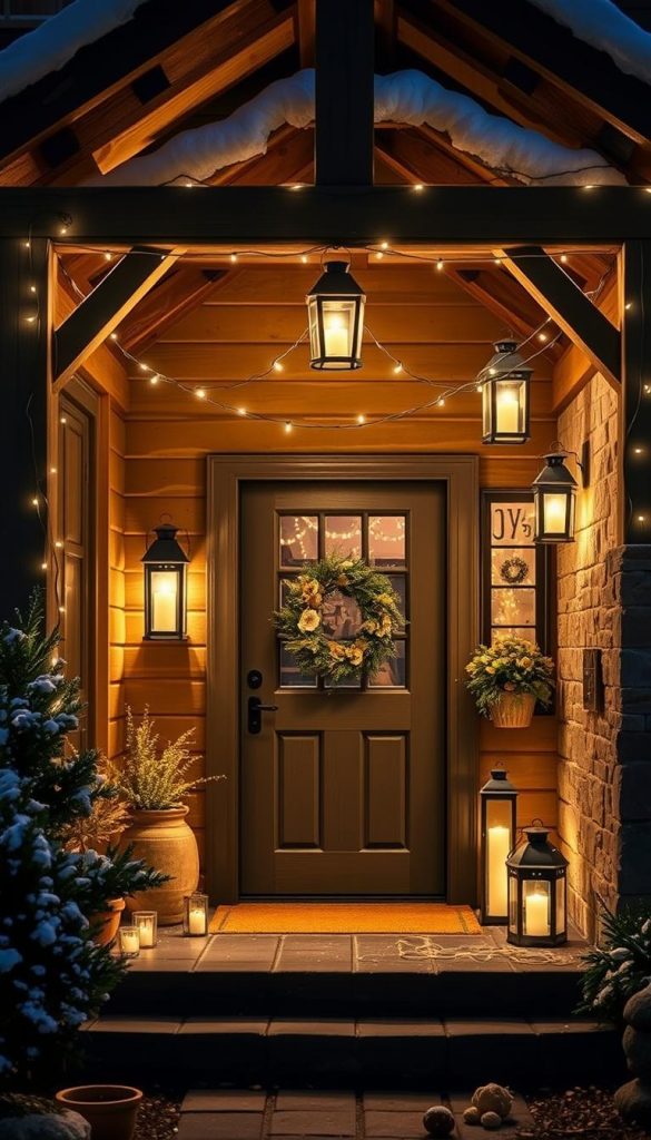 A cozy and inviting outdoor lighting setup, illuminating a warm winter scene. Rustic wooden beams and stone walls create a charming ambiance, accentuated by the soft glow of string lights and lanterns. The KlickKiste DIY display features a delicate mix of candlelight, fairy lights, and discreet spotlights, casting a welcoming radiance across the entryway. Subtle shadows dance along the surfaces, adding depth and texture to the composition. The overall mood is one of coziness, comfort, and a touch of Scandinavian hygge, perfect for highlighting the safe and secure installation of holiday lighting on doors, frames, and roof overhangs.