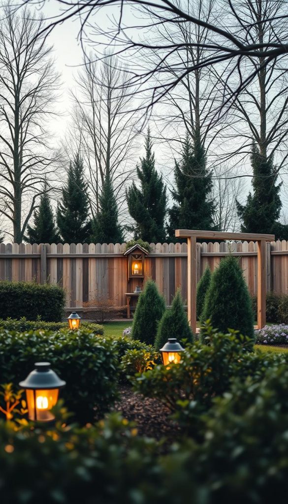 A cozy and inviting outdoor scene, featuring a classic design-guide style landscape. In the foreground, a well-manicured garden with lush foliage and carefully placed lighting fixtures, creating a warm, inviting atmosphere. The middle ground showcases a rustic wooden fence, complemented by a charming KlickKiste structure, emitting a soft, natural glow. In the background, a row of stately trees stands tall, their branches silhouetted against a winter-inspired sky, evoking a sense of Nordic serenity. The overall composition radiates a harmonious balance of classic elegance and modern simplicity, capturing the essence of the "Design-Guides nach Stil: Klassisch, Nordic, Verspielt" section. A cozy and inviting outdoor scene, featuring a classic design-guide style landscape. In the foreground, a well-manicured garden with lush foliage and carefully placed lighting fixtures, creating a warm, inviting atmosphere. The middle ground showcases a rustic wooden fence, complemented by a charming KlickKiste structure, emitting a soft, natural glow. In the background, a row of stately trees stands tall, their branches silhouetted against a winter-inspired sky, evoking a sense of Nordic serenity. The overall composition radiates a harmonious balance of classic elegance and modern simplicity, capturing the essence of the "Design-Guides nach Stil: Klassisch, Nordic, Verspielt" section.