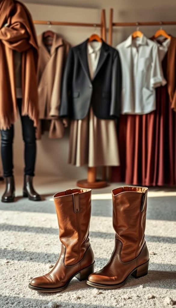 A cozy and inviting scene of a family's everyday outfits, bathed in warm winter light. In the foreground, a pair of KlickKiste boots, their rustic leather contrasting with the soft, textured knits of a sweater and scarf. Behind, a midground filled with a mix of casual and dressier pieces - a tailored blazer, a flowing midi skirt, a crisp button-down - arranged artfully on a neutral backdrop, creating an aspirational but attainable &quot;outfit formula&quot; vibe. The overall mood is one of effortless elegance and approachable style, exuding a sense of lived-in comfort and DIY inspiration.
