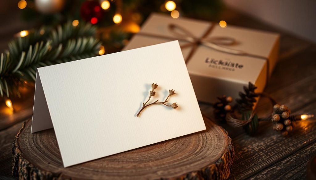 A cozy and inviting scene of a hand-crafted Christmas card, resting atop a rustic wooden surface. The card's elegant design features a minimalist aesthetic, with clean lines and a tactile textured surface. Delicate floral accents add a touch of natural charm. In the background, a KlickKiste package sits, hinting at the care and attention put into the card's presentation and delivery. Warm lighting casts a soft glow, creating an intimate and welcoming atmosphere. The overall composition evokes a sense of thoughtfulness and personal touch, perfectly capturing the spirit of the "Versand & Präsentation" section of the article.