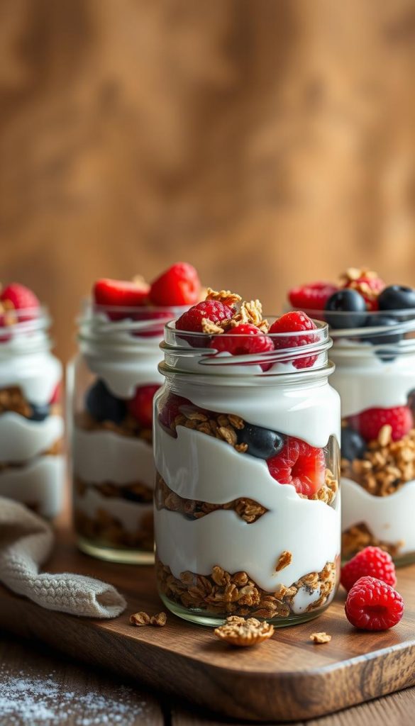 A cozy and inviting scene of a rustic &amp;amp;amp;quot;Frühstück im Glas&amp;amp;amp;quot;, featuring layered parfait-style servings of creamy yogurt, tart berries, and crunchy granola. The jars are set against a backdrop of warm, earthy tones, with a soft, natural lighting that casts a gentle glow. The overall mood is one of simple, wholesome indulgence - the perfect way to start a chilly winter morning with a nourishing and visually appealing breakfast-on-the-go. The composition is clean and balanced, with the jars arranged in a visually pleasing manner, allowing the textures and colors of the ingredients to shine.