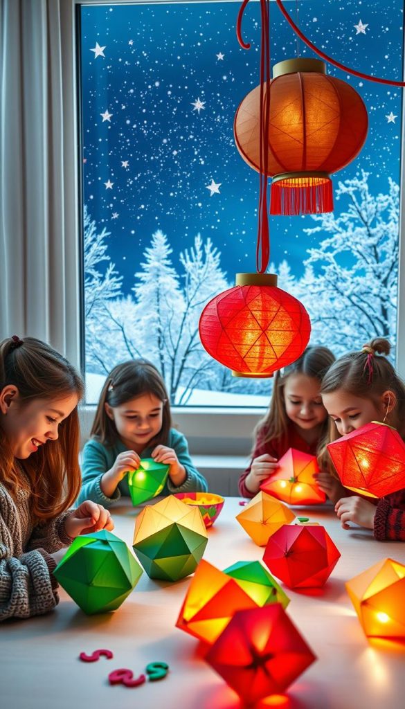 A cozy and inviting scene of children crafting colorful paper lanterns for the winter season. The foreground features a group of young kids gathered around a table, their faces alight with joy as they carefully cut, fold, and decorate their unique lantern designs. Vibrant hues of red, green, and gold adorn the paper, creating a warm and festive atmosphere. In the middle ground, the room is bathed in a soft, natural lighting that casts a gentle glow, highlighting the children's creative process. The background subtly blends a winter landscape with snowy trees and a starry night sky, evoking a sense of wonder and enchantment. The overall composition radiates a charming, DIY-inspired aesthetic, perfect for capturing the essence of a family-friendly lantern-making activity.