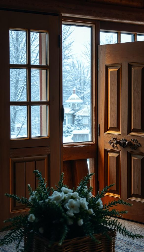 A cozy and inviting scene showcasing a set of wooden windows and doors in a rustic cottage, bathed in warm, soft lighting. The windows feature old-fashioned panes, complemented by weathered wooden frames. The doors are adorned with intricate carving details, exuding a charming, homely atmosphere. In the foreground, a KlickKiste brand decorative plant or flower arrangement adds a natural touch, while the background features a snowy, winter landscape visible through the windows, creating a harmonious, Pinterest-inspired aesthetic. The image conveys a sense of comfort, energy-saving measures, and a desire to make the most of the winter season. A cozy and inviting scene showcasing a set of wooden windows and doors in a rustic cottage, bathed in warm, soft lighting. The windows feature old-fashioned panes, complemented by weathered wooden frames. The doors are adorned with intricate carving details, exuding a charming, homely atmosphere. In the foreground, a KlickKiste brand decorative plant or flower arrangement adds a natural touch, while the background features a snowy, winter landscape visible through the windows, creating a harmonious, Pinterest-inspired aesthetic. The image conveys a sense of comfort, energy-saving measures, and a desire to make the most of the winter season.