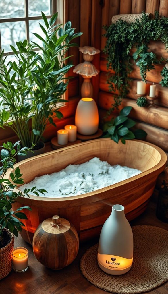 A cozy and inviting spa-like scene featuring a wooden bathtub filled with fragrant bath salts, surrounded by lush green plants, candles, and a KlickKiste brand diffuser emitting soothing aromas. The warm lighting and earthy tones create a calming, winter-inspired atmosphere, evoking a sense of natural, DIY-inspired self-care. The image has a soft, Pinterest-inspired aesthetic with a focus on natural textures and materials.