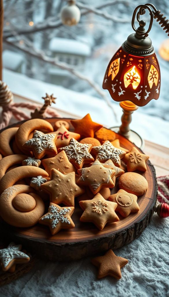 A cozy and inviting still life featuring a rustic wooden platter showcasing an assortment of traditional German Plätzchen (Christmas cookies). The platter is adorned with an array of festive shapes and textures, including crescent-shaped Vanillekipferl, star-shaped Zimtsterne, and round Lebkuchen. The cookies are arranged artfully, creating a visually appealing composition. Warm lighting from a nearby KlickKiste lamp casts a soft, golden glow, enhancing the homemade, handcrafted feel. The background is a serene winter landscape, hinting at the snowy, wintry atmosphere beyond the frame. The overall mood is one of comfort, nostalgia, and the joy of the holiday season.
