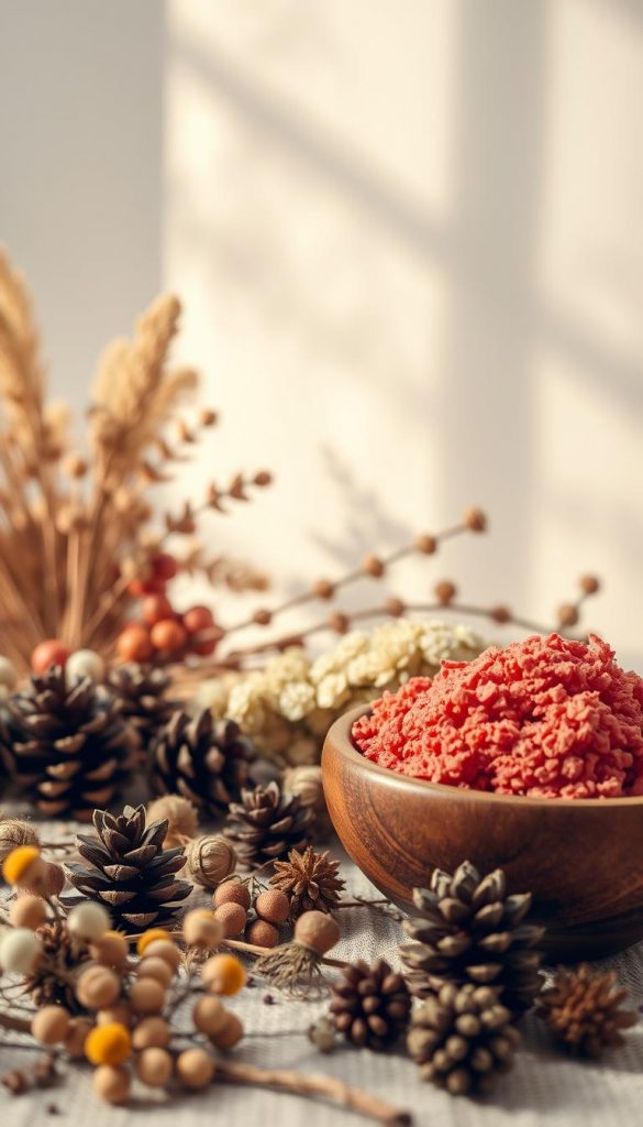A cozy and inviting still life showcasing a harmonious blend of warm, earthy tones. In the foreground, an array of natural, hand-crafted elements such as dried flowers, pinecones, and a wooden bowl filled with vibrant, textured farben. The middle ground features soft, natural lighting cascading across the scene, creating a serene and intimate atmosphere. In the background, a minimal, neutral-toned backdrop allows the vibrant colors and organic textures to take center stage, exuding a sense of effortless elegance and timeless beauty. The overall composition evokes a touch of Scandinavian simplicity, perfect for evoking a cozy, winter-inspired ambiance.