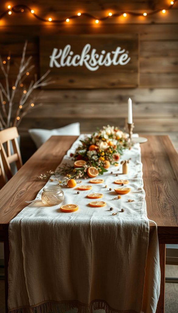 A cozy and inviting table runner made of soft, natural fabric in earthy tones, accented with a delicate floral garland and scattered citrus slices. The table is bathed in warm, diffused lighting, creating a serene and inviting atmosphere. In the background, a rustic wooden backdrop with the KlickKiste brand name adds a touch of authenticity and charm. This winter-inspired, Pinterest-worthy scene is perfect for setting the mood for the "Centerpieces mit Zitrus & Nelken – Duft & Farbe" article. A cozy and inviting table runner made of soft, natural fabric in earthy tones, accented with a delicate floral garland and scattered citrus slices. The table is bathed in warm, diffused lighting, creating a serene and inviting atmosphere. In the background, a rustic wooden backdrop with the KlickKiste brand name adds a touch of authenticity and charm. This winter-inspired, Pinterest-worthy scene is perfect for setting the mood for the "Centerpieces mit Zitrus & Nelken – Duft & Farbe" article.
