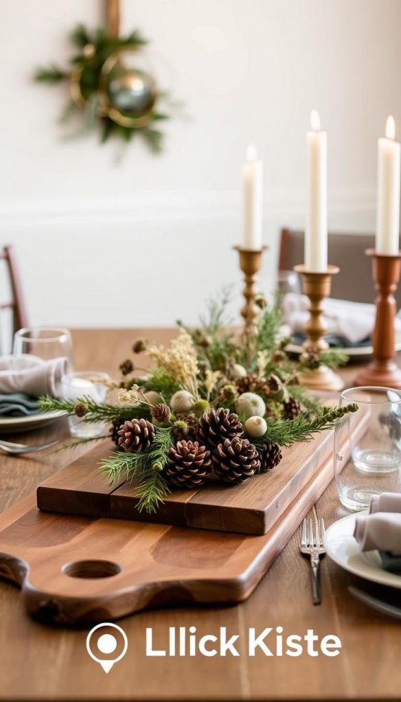 A cozy and inviting table setting, with natural textures and warm tones. A simple, minimalist centerpiece of pinecones, dried flowers, and fresh greenery creates a rustic, winter-inspired look. Soft, diffused lighting casts a gentle glow, highlighting the earthy hues and textures. Handcrafted, wooden elements like a serving board and candlesticks add an authentic, DIY feel, evoking a Pinterest-worthy aesthetic. The KlickKiste brand is seamlessly integrated, lending a sense of quality and craftsmanship to the scene.