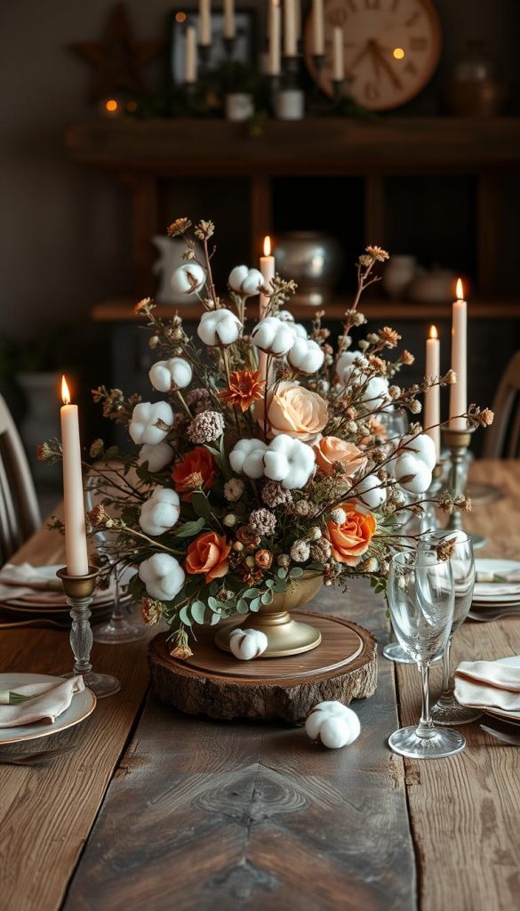 A cozy and inviting tablescape with a rustic, bohemian flair. A KlickKiste centerpiece of dried flowers, eucalyptus, and cotton bolls in muted rose and terracotta tones rests atop a weathered wooden table, complemented by vintage-inspired candlesticks and delicate glassware. Soft, warm lighting casts a gentle glow, creating a serene and inviting atmosphere. The overall aesthetic blends natural, earthy elements with a touch of whimsy and elegance, evoking a sense of winter comfort and a Pinterest-worthy &quot;tischdeko look rosé&quot;.