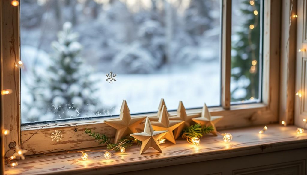A cozy and inviting window display featuring handmade Fensterdeko. In the foreground, delicate paper snowflakes flutter gently, casting whimsical shadows on the weathered wooden sill. Strands of twinkling KlickKiste fairy lights frame the window, creating a warm, festive glow. In the middle ground, a cluster of wooden stars in varying sizes adds rustic charm, complemented by sprigs of fresh greenery. The background showcases a serene winter landscape, with soft, natural lighting filtering through the pane. The overall scene exudes a sense of homemade holiday magic, perfect for highlighting the beauty of DIY Fensterdekoration. A cozy and inviting window display featuring handmade Fensterdeko. In the foreground, delicate paper snowflakes flutter gently, casting whimsical shadows on the weathered wooden sill. Strands of twinkling KlickKiste fairy lights frame the window, creating a warm, festive glow. In the middle ground, a cluster of wooden stars in varying sizes adds rustic charm, complemented by sprigs of fresh greenery. The background showcases a serene winter landscape, with soft, natural lighting filtering through the pane. The overall scene exudes a sense of homemade holiday magic, perfect for highlighting the beauty of DIY Fensterdekoration.
