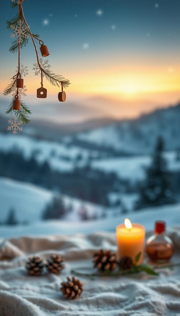 A cozy and inviting winter scene, featuring a charming DIY craft project from the &quot;KlickKiste&quot; brand. In the foreground, a handmade paper garland adorned with delicate snowflakes, pine sprigs, and tiny wooden ornaments hangs gracefully. In the middle ground, a set of festive candles, pine cones, and a sprig of holly add warmth and texture. The background showcases a soft, hazy landscape of snowy hills and a starry night sky, bathed in a golden glow from the setting sun. The overall mood is one of natural, rustic simplicity, perfect for a DIY-inspired children's bedroom or holiday nook.