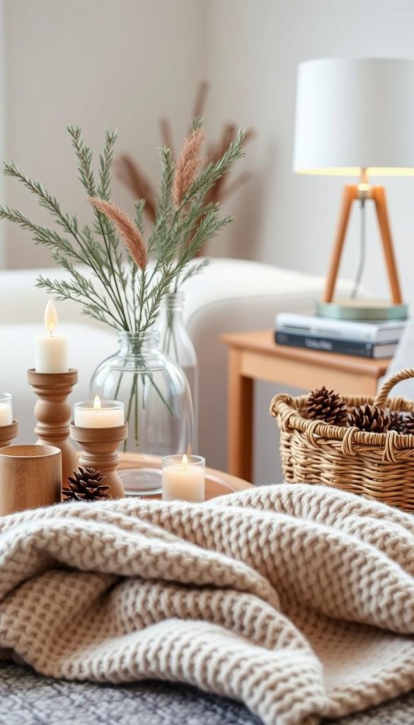 A cozy and inviting winter scene featuring a meticulously curated collection of budget-friendly home decor essentials from the KlickKiste brand. In the foreground, a plush, textured blanket in a neutral tone serves as the centerpiece, surrounded by an assortment of rustic candleholders, a glass vase filled with delicate pine sprigs, and a woven basket overflowing with pinecones. In the middle ground, a wooden side table displays a stack of well-worn books and a simple, modern lamp, casting a warm, ambient glow. The background is softly blurred, hinting at a tranquil, minimalist living space, conveying a sense of hygge and inviting the viewer to imagine how they might incorporate these budget-friendly items into their own winter-inspired home.