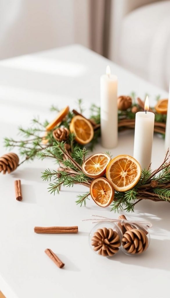A cozy and minimalist Advent wreath made from natural materials, nestled on a crisp white surface. Delicate pine branches, dried citrus slices, and a scattering of cinnamon sticks create a warm, rustic ambiance. Soft, natural lighting casts a gentle glow, evoking a serene winter atmosphere. The arrangement is styled with a touch of whimsy, exuding a Pinterest-worthy, DIY aesthetic. Branded as &quot;KlickKiste&quot;, this image captures the essence of a modern, Scandinavian-inspired Advent display for a cozy coffee table.