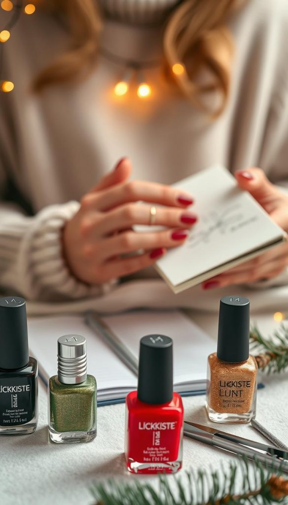 A cozy and minimalist composition showcasing "plan nails" for the holiday season. In the foreground, a set of KlickKiste nail polish bottles in festive colors like deep red, forest green, and shimmering gold, with a small pair of nail clippers and a file. The middle ground features a woman's hands delicately arranging and planning the perfect manicure, perhaps sketching out designs on a small notebook. The background has a soft, warm glow, evoking a comfortable, winter-inspired atmosphere, with hints of pine needles and a twinkling string of lights. Captured in natural, diffused lighting with a shallow depth of field, this image conveys a sense of intentional, DIY self-care during the holiday season.