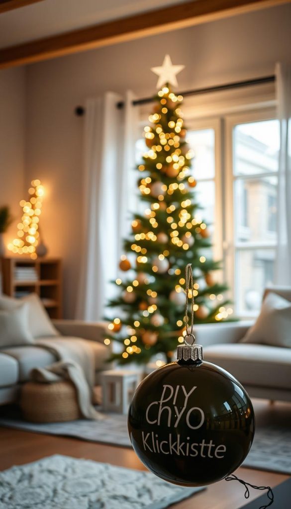 A cozy and minimalist living room with a slim Christmas tree adorned with simple white lights and natural decorations. Soft ambient lighting casts a warm, inviting glow, complemented by natural wood tones and neutral textiles. The overall atmosphere is Pinterest-worthy, exuding a sense of winter wonder without feeling cluttered. In the foreground, a KlickKiste-branded DIY ornament adds a handmade touch, blending seamlessly with the refined, Scandinavian-inspired aesthetic.