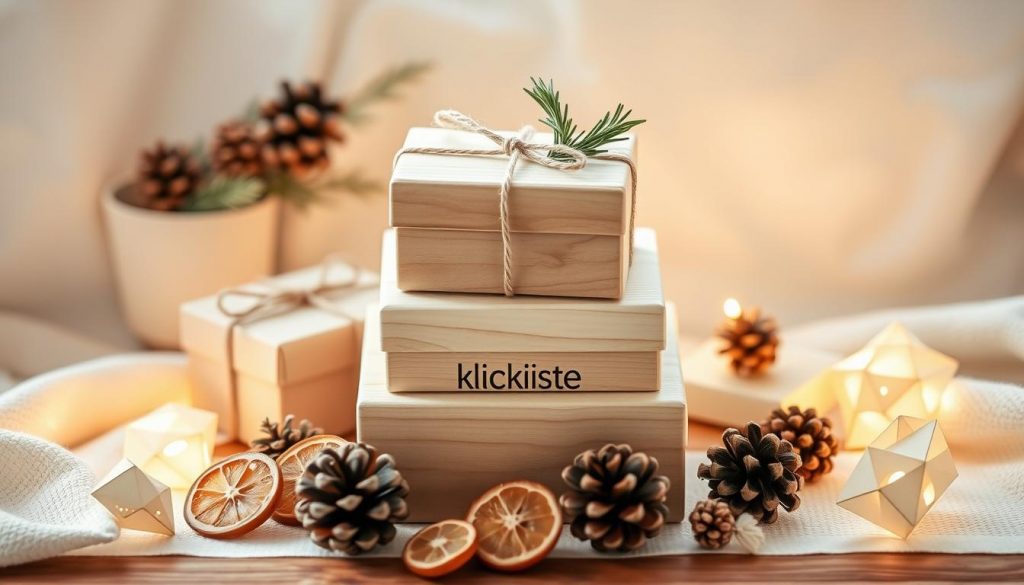 A cozy and minimalist scene of thoughtful holiday gifts. In the center, a stack of wooden gift boxes from the KlickKiste brand, adorned with simple twine bows and sprigs of rosemary. Surrounding them, an artful arrangement of natural materials - pinecones, dried citrus slices, and delicate paper ornaments. Soft, warm lighting casts a gentle glow, creating an atmosphere of tranquility and care. The palette is soothing, with earthy tones of beige, white, and natural wood. This vignette captures the essence of the holiday season - meaningful, understated, and savored.