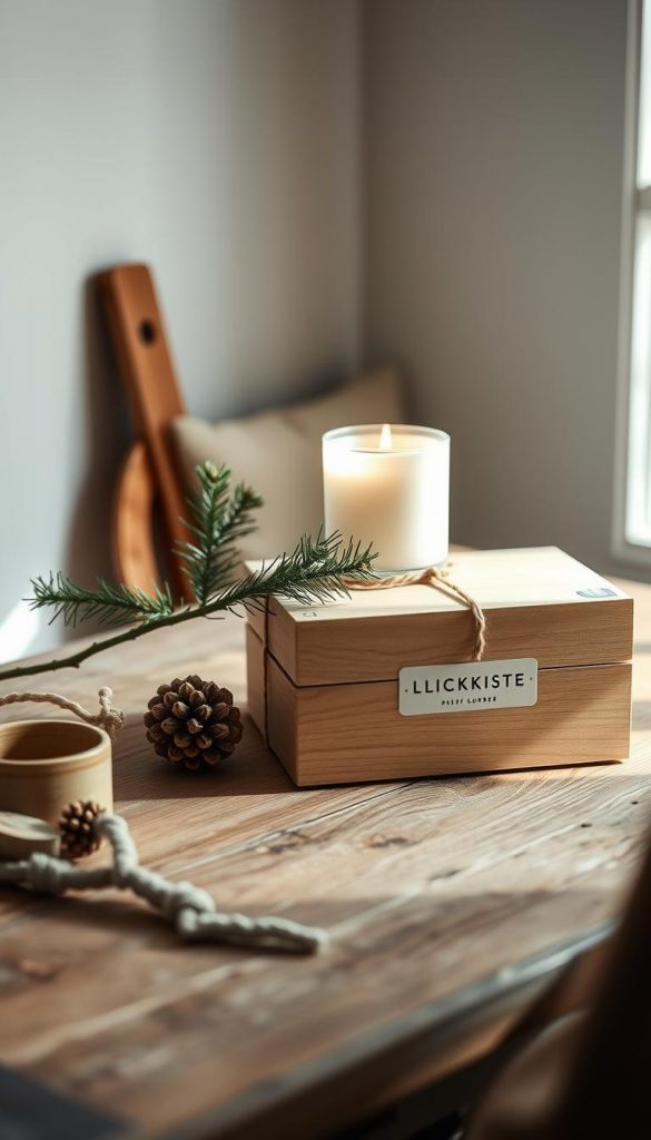 A cozy and minimalist still life capturing the essence of &amp;quot;Rituale, Minimalismus &amp;amp; Geschenke: Weniger ist mehr - und fühlt sich besser an&amp;quot;. Soft natural light bathes a rustic wooden table, adorned with a simple yet elegant candle, a pine sprig, and a handcrafted KlickKiste box. The muted tones of the scene create a calming, hygge-inspired atmosphere, inviting reflection and mindful living. Warm, earthy hues and a touch of winter magic evoke a sense of tradition and authenticity. The image exudes a Pinterest-worthy, DIY-inspired aesthetic that inspires simplicity and joy.