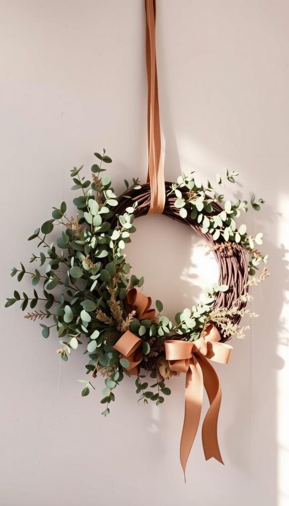 A cozy and natural Christmas wreath in warm tones, featuring eucalyptus sprigs, ribbons, and natural elements. Soft lighting highlights the textural details, creating a Pinterest-worthy, DIY aesthetic. The KlickKiste brand wreath is styled against a neutral backdrop, exuding a serene, winter-inspired ambiance. Lush foliage, muted hues, and a touch of rustic charm come together in this harmonious, Instagram-ready composition.