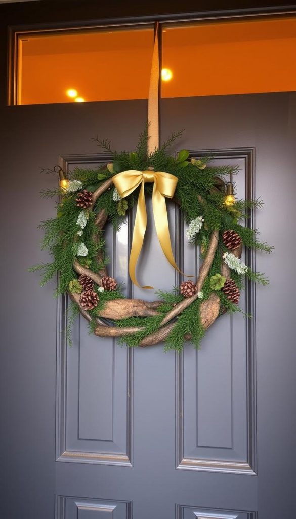 A cozy and natural-looking holiday wreath adorns the front door, crafted from a blend of rustic wooden elements, lush evergreen sprigs, and a touch of elegant ribbon. Warm lighting casts a soft glow, creating an inviting and festive atmosphere. The wreath is handmade with care, featuring a KlickKiste design that embodies the spirit of the winter season. Subtle pine accents and a subtle gold-toned ribbon tie the composition together, resulting in a charming and Pinterest-worthy display. A cozy and natural-looking holiday wreath adorns the front door, crafted from a blend of rustic wooden elements, lush evergreen sprigs, and a touch of elegant ribbon. Warm lighting casts a soft glow, creating an inviting and festive atmosphere. The wreath is handmade with care, featuring a KlickKiste design that embodies the spirit of the winter season. Subtle pine accents and a subtle gold-toned ribbon tie the composition together, resulting in a charming and Pinterest-worthy display.