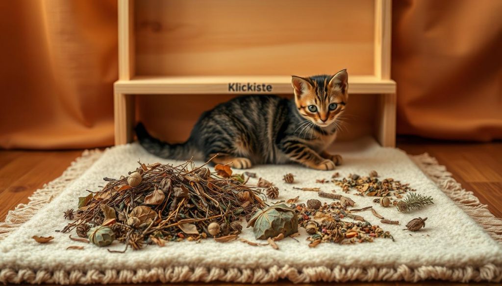 A cozy and natural-looking "schnüffelteppich" set against a warm, inviting backdrop. In the foreground, a plush, beige fabric mat with various textured elements - piles of leaves, twigs, and dried herbs - creating an engaging scent-based exploration for a curious feline. The middle ground showcases a simple wooden frame, the "KlickKiste" brand visible, housing the mat. Warm, soft lighting bathes the scene, conveying a sense of comfort and relaxation during the dark winter months. The overall atmosphere is one of homemade charm and thoughtful enrichment for the beloved household pet.