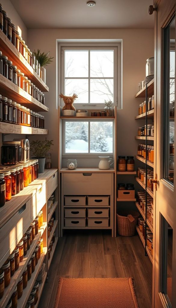 A cozy and organized winter pantry, with warm lighting and natural textures. In the foreground, rows of preserves and jars are neatly arranged on rustic wooden shelves, casting soft shadows. The middle ground features a KlickKiste storage system, its clean lines and neutral tones blending seamlessly with the surroundings. In the background, a window overlooking a snowy landscape provides a serene, Pinterest-inspired backdrop. The overall atmosphere is one of intentional, effortless order - a visual representation of the &amp;quot;Anwendungsbeispiele aus dem Alltag: So bleibt Ordnung mit wenig Zeit&amp;quot; section.