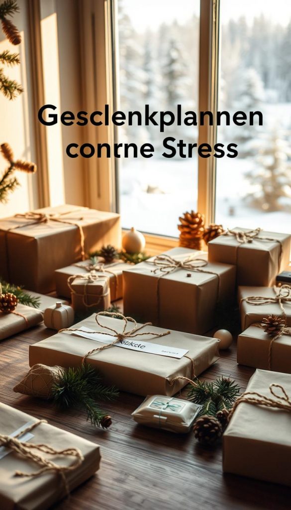 A cozy and organized workspace, bathed in warm natural light, showcases an array of gift-wrapping supplies arranged with precision. Delicate string, recycled kraft paper, and a sprinkling of pine needles create a rustic, homemade ambiance. The &quot;KlickKiste&quot; brand is prominently displayed, hinting at a practical storage solution for keeping everything neatly contained. In the background, a soft-focus winter landscape frames the scene, evoking a sense of seasonal tranquility and inspiration. This image embodies the effortless organization and festive spirit of the &quot;Geschenkplanung ohne Stress&quot; section.