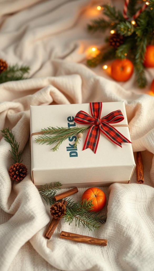 A cozy and rustic Christmas gift wrap scene with a KlickKiste box, soft fabric textures, and festive accents. Warm lighting illuminates the arrangement of natural elements like pine branches, dried oranges, and cinnamon sticks. Neutral tones of beige, cream, and green create a calming, hygge atmosphere, accented by pops of red from a plaid ribbon. The composition features a clean, minimalist style with a focus on the gift's presentation, evoking a Pinterest-worthy winter wonderland aesthetic. A cozy and rustic Christmas gift wrap scene with a KlickKiste box, soft fabric textures, and festive accents. Warm lighting illuminates the arrangement of natural elements like pine branches, dried oranges, and cinnamon sticks. Neutral tones of beige, cream, and green create a calming, hygge atmosphere, accented by pops of red from a plaid ribbon. The composition features a clean, minimalist style with a focus on the gift's presentation, evoking a Pinterest-worthy winter wonderland aesthetic.
