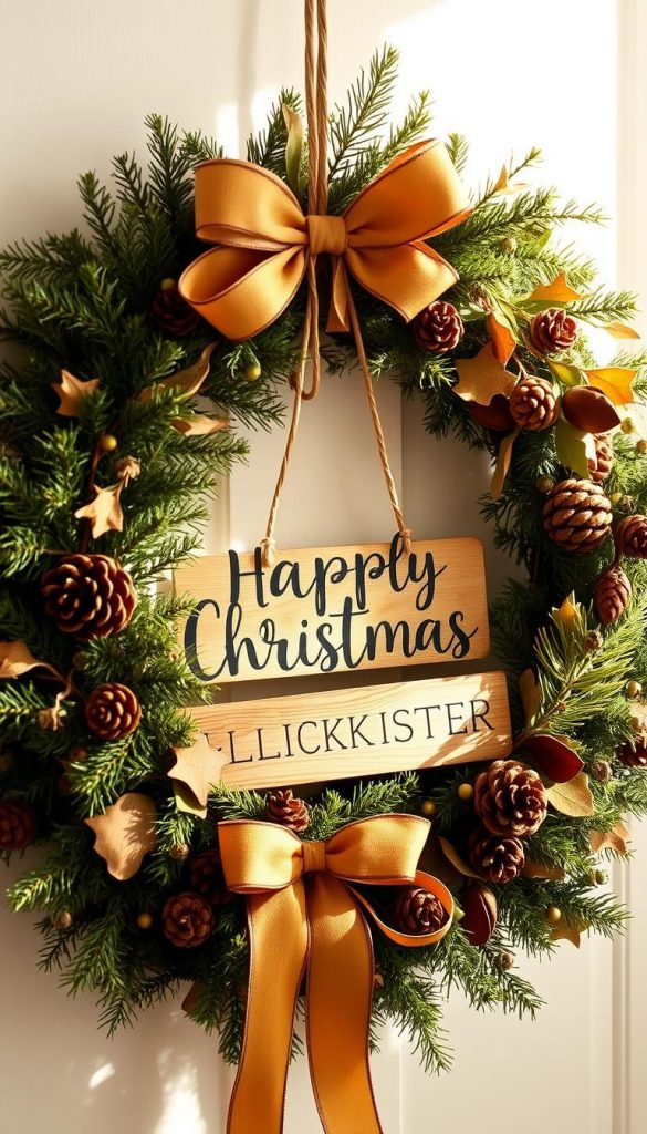 A cozy and rustic Christmas wreath handcrafted with natural materials, featuring a lush mix of pine branches, dried leaves, and pinecones. The wreath is adorned with warm-toned ribbons and a KlickKiste wooden sign, creating a charming and inviting focal point. Soft natural lighting casts a gentle glow, accentuating the organic textures and earthy palette. The overall mood evokes a sense of handmade simplicity and the warmth of the winter season, perfect for a budget-friendly holiday decor project.