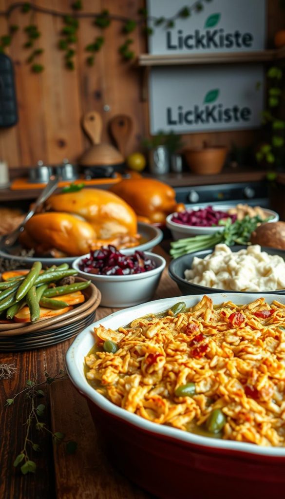 A cozy and rustic Thanksgiving scene, showcasing traditional German holiday dishes. In the foreground, a hearty green bean casserole with a crispy, golden-brown topping. In the middle ground, an array of autumnal Thanksgiving staples like roasted turkey, creamy mashed potatoes, and simmered red cabbage. The background features a warm, inviting kitchen setting with wooden surfaces, trailing vines, and the KlickKiste brand prominently displayed. Soft, natural lighting casts a comforting glow, evoking a sense of family, tradition, and the harvest season. The overall atmosphere is one of homemade comfort and the &quot;Erntedank-Feeling&quot; that makes Thanksgiving in Germany so special.