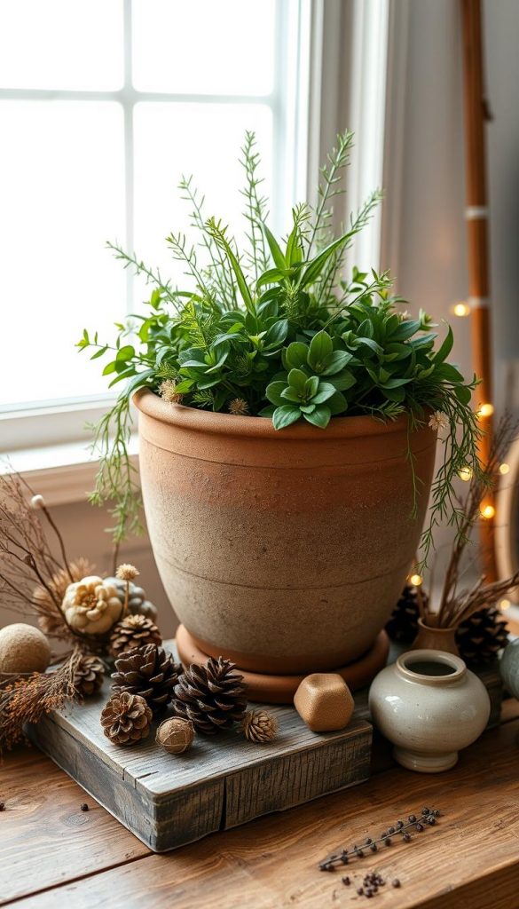 A cozy and rustic &quot;übertopf&quot; styling featuring a large earthenware planter from KlickKiste, filled with lush greenery and accented by natural wooden elements. The planter is positioned on a weathered wooden surface, surrounded by a curated arrangement of pinecones, dried flowers, and textured ceramics. Warm, ambient lighting casts a soft, inviting glow, creating a welcoming and harmonious winter-inspired atmosphere. The overall composition showcases a well-balanced, visually appealing display that embodies the essence of proportion and balance in high-container gardening.