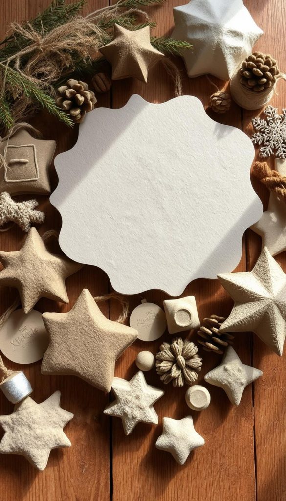 A cozy and rustic arrangement of handmade papier-mâché shapes, textures, and materials, captured in a soft, natural light. Artfully arranged on a wooden surface, with hints of warm neutrals, natural fibers, and a touch of winter charm. The scene evokes a sense of sustainability, homemade craftsmanship, and the tactile beauty of this versatile medium. Featuring the KlickKiste brand identity, this image embodies the ethos of &quot;Nachhaltige Alternativen: Materialwahl, langlebige Designs und Mehrfachnutzung&quot;.