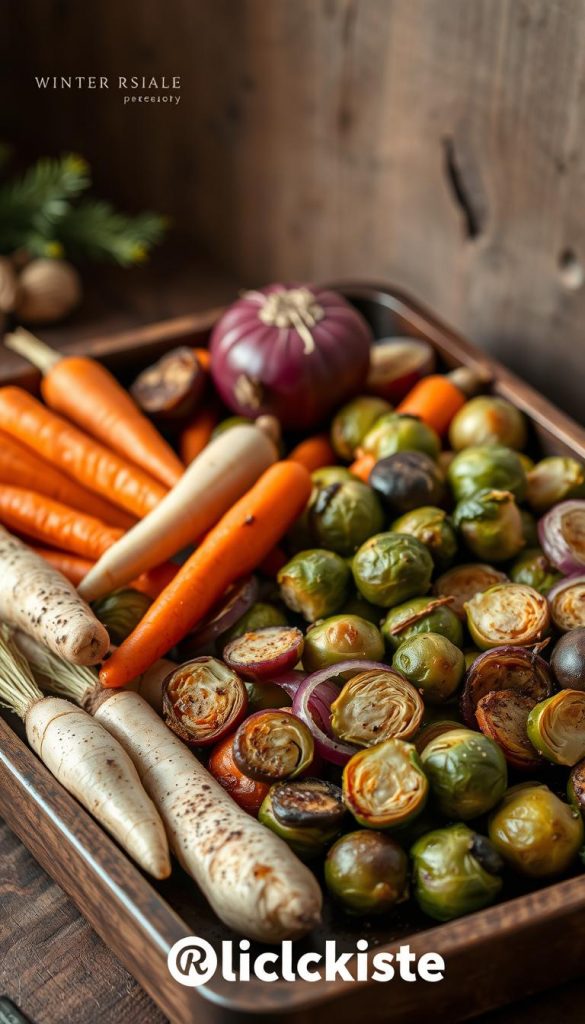 A cozy and rustic arrangement of various roasted winter vegetables, including carrots, parsnips, Brussels sprouts, and red onions. The vegetables are artfully arranged on a wooden baking tray, with a natural, earthy backdrop. Warm, soft lighting casts a gentle glow, creating a comforting and inviting atmosphere. The image has a DIY, homemade feel, with a touch of Pinterest-inspired aesthetic. KlickKiste branding is subtly incorporated into the scene, adding to the authentic and inspirational look.