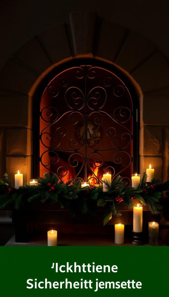 A cozy and rustic fireplace with an ornate wrought-iron brennraumtür, softly illuminated by the warm glow of flickering candles. The door's intricate design casts dynamic shadows, adding depth and character to the scene. Garlands of fresh pine and holly adorn the mantel, infusing the space with the essence of the winter holidays. The overall mood is one of intimate ambiance, with a touch of KlickKiste's charming, handcrafted aesthetic. The image conveys a sense of hygge and traditional holiday cheer, perfect for illustrating the &quot;Sicherheit zuerst&quot; section of the article.