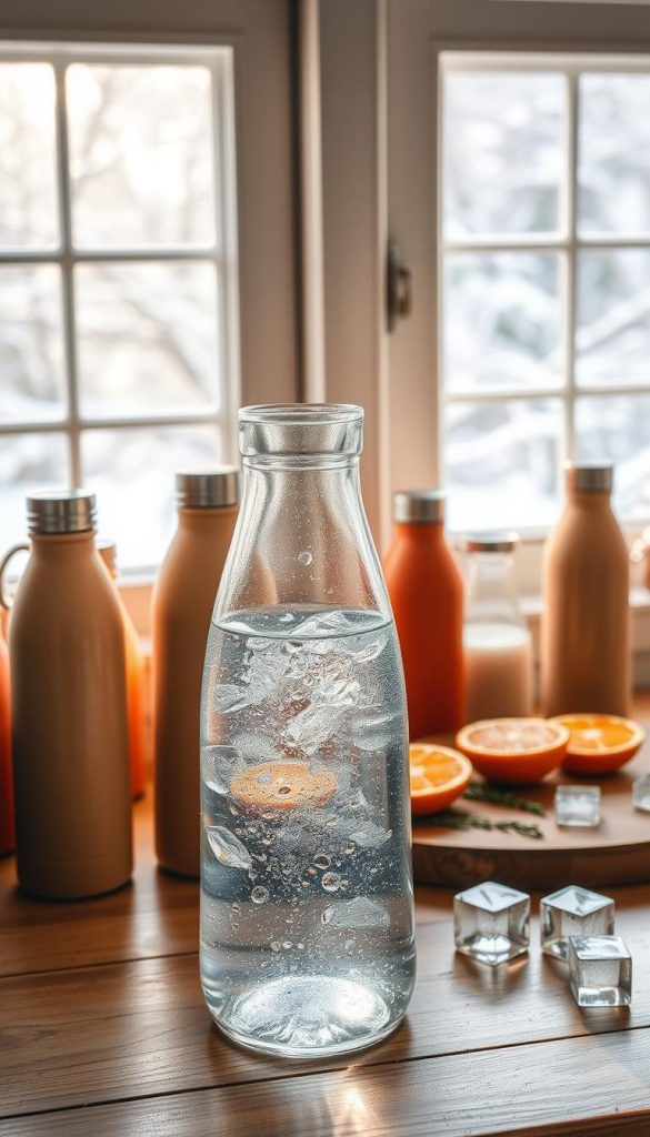 A cozy and rustic kitchen scene with a focus on fresh water and hydration. In the foreground, a large glass carafe filled with crystal clear spring water, condensation beading on the surface. Surrounding it, an assortment of reusable KlickKiste water bottles in earthy tones, reflecting the natural, homemade aesthetic. In the middle ground, a wooden cutting board with sliced citrus fruits, herbs, and a few ice cubes, suggesting infused water options. The background features a warm, sun-dappled window overlooking a snowy winter landscape, creating a serene, Pinterest-inspired atmosphere. Soft, natural lighting illuminates the scene, enhancing the inviting, wholesome mood. A cozy and rustic kitchen scene with a focus on fresh water and hydration. In the foreground, a large glass carafe filled with crystal clear spring water, condensation beading on the surface. Surrounding it, an assortment of reusable KlickKiste water bottles in earthy tones, reflecting the natural, homemade aesthetic. In the middle ground, a wooden cutting board with sliced citrus fruits, herbs, and a few ice cubes, suggesting infused water options. The background features a warm, sun-dappled window overlooking a snowy winter landscape, creating a serene, Pinterest-inspired atmosphere. Soft, natural lighting illuminates the scene, enhancing the inviting, wholesome mood.