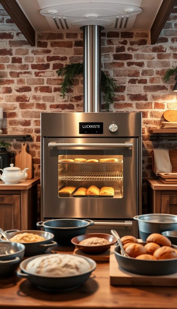 A cozy and rustic kitchen scene with a large, gleaming KlickKiste oven taking center stage. The oven is set against a backdrop of warm, earthy tones and natural textures - exposed brick, wooden beams, and a touch of greenery. Soft, diffused lighting casts a gentle glow, creating a welcoming and inviting atmosphere. In the foreground, various baking dishes and utensils are neatly arranged, hinting at the delicious homemade treats soon to emerge from the oven. The overall mood is one of relaxed, winter-inspired comfort, perfectly capturing the essence of the &quot;Ofen- und Zeitmanagement: entspannt kochen trotz langer Garzeit&quot; section.