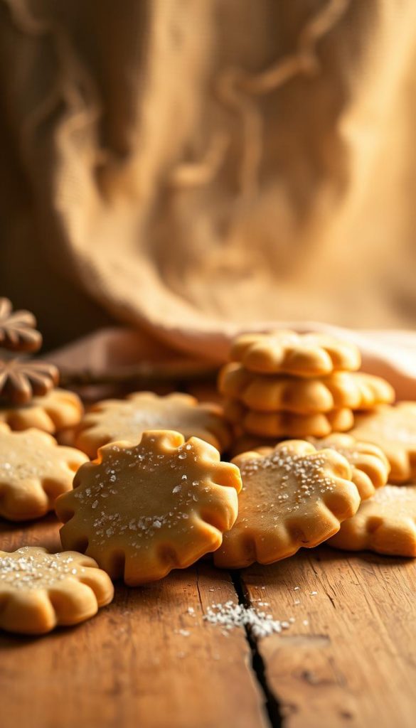 A cozy and rustic scene of freshly baked &quot;Weihnachtsplätzchen&quot; (German Christmas cookies) neatly arranged on a wooden surface. The warm glow of soft lighting illuminates the scene, casting gentle shadows and highlighting the delicate textures of the cookies. In the background, a neutral-toned fabric or burlap backdrop creates a natural, homemade ambiance. The arrangement showcases the cookies in an inviting and visually appealing manner, conveying the notion of proper storage and preservation for long-lasting freshness. The overall mood is one of winter comfort, DIY authenticity, and Pinterest-inspired inspiration.
