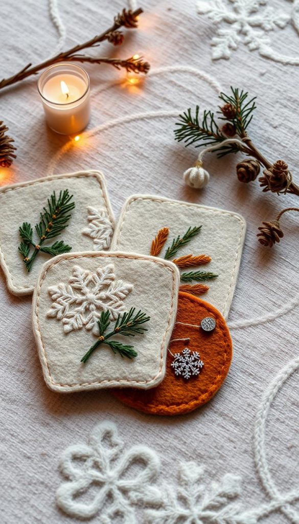 A cozy and rustic set of handmade felt cards and coasters, crafted with care by the KlickKiste brand. The scene features a delicate arrangement of warm winter-themed designs, including snowflakes, pine branches, and subtle metallic accents. Soft lighting casts a gentle glow, capturing the inviting and natural ambiance. The cards and coasters are placed atop a textured, neutral-toned surface, creating a serene and welcoming composition that evokes a sense of hygge. The overall aesthetic is both visually appealing and aligned with the article's focus on DIY felt projects in soothing winter palettes.
