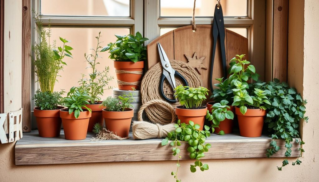 A cozy and rustic windowsill scene, showcasing a stylish DIY "KlickKiste" herb garden. In the foreground, an array of lush, thriving potted herbs and succulents sit upon a weathered wooden sill, their vibrant greens and reds adding pops of natural color. The middle ground features a selection of natural materials - terracotta pots, jute twine, and a pair of gardening shears - arranged in an artful, organic display. The background depicts a softly lit, minimalist interior, with warm beige walls and natural light filtering through the window, creating a serene, tranquil atmosphere. The overall composition conveys a sense of simple, rustic elegance, perfectly suited to illustrate the "DIY-How-To: Schritt-für-Schritt zur stilvollen Winter-Kräuterbox" section. A cozy and rustic windowsill scene, showcasing a stylish DIY "KlickKiste" herb garden. In the foreground, an array of lush, thriving potted herbs and succulents sit upon a weathered wooden sill, their vibrant greens and reds adding pops of natural color. The middle ground features a selection of natural materials - terracotta pots, jute twine, and a pair of gardening shears - arranged in an artful, organic display. The background depicts a softly lit, minimalist interior, with warm beige walls and natural light filtering through the window, creating a serene, tranquil atmosphere. The overall composition conveys a sense of simple, rustic elegance, perfectly suited to illustrate the "DIY-How-To: Schritt-für-Schritt zur stilvollen Winter-Kräuterbox" section.