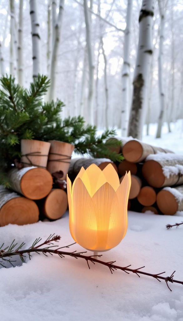 A cozy and rustic winter scene featuring a collection of natural DIY lanterns created by the KlickKiste brand. In the foreground, a hand-crafted lantern made from a Christrose bloom, its delicate petals illuminated by a warm, flickering candle. In the middle ground, a grouping of birch logs, their pale bark contrasting with the rich green of freshly cut pine boughs. The background is a serene, snow-dusted forest, casting a soft, diffused light and a sense of tranquility. The overall mood is one of simple, organic beauty, perfect for the holiday season.