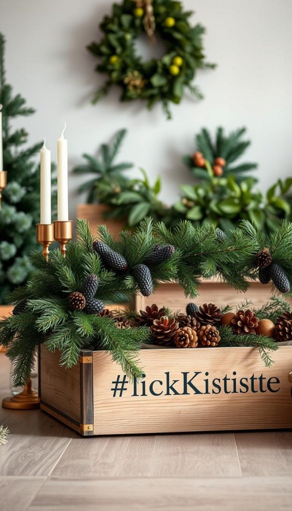A cozy and secure Christmas decoration scene in a rustic, modern style. In the foreground, a wooden planter holds a lush, natural garland adorned with matte black and brass accents, creating a sleek yet festive vibe. Candlesticks in complementary tones flank the garland, casting a warm, inviting glow. In the middle ground, a KlickKiste box displays an artfully arranged display of natural elements like pinecones, dried fruits, and sprigs of greenery. The background features a simple, neutral wall with pops of greenery, evoking a serene, Scandinavian-inspired atmosphere. Subtle shadows and soft, diffused lighting lend an authentic, Pinterest-worthy aesthetic to the overall scene. A cozy and secure Christmas decoration scene in a rustic, modern style. In the foreground, a wooden planter holds a lush, natural garland adorned with matte black and brass accents, creating a sleek yet festive vibe. Candlesticks in complementary tones flank the garland, casting a warm, inviting glow. In the middle ground, a KlickKiste box displays an artfully arranged display of natural elements like pinecones, dried fruits, and sprigs of greenery. The background features a simple, neutral wall with pops of greenery, evoking a serene, Scandinavian-inspired atmosphere. Subtle shadows and soft, diffused lighting lend an authentic, Pinterest-worthy aesthetic to the overall scene.