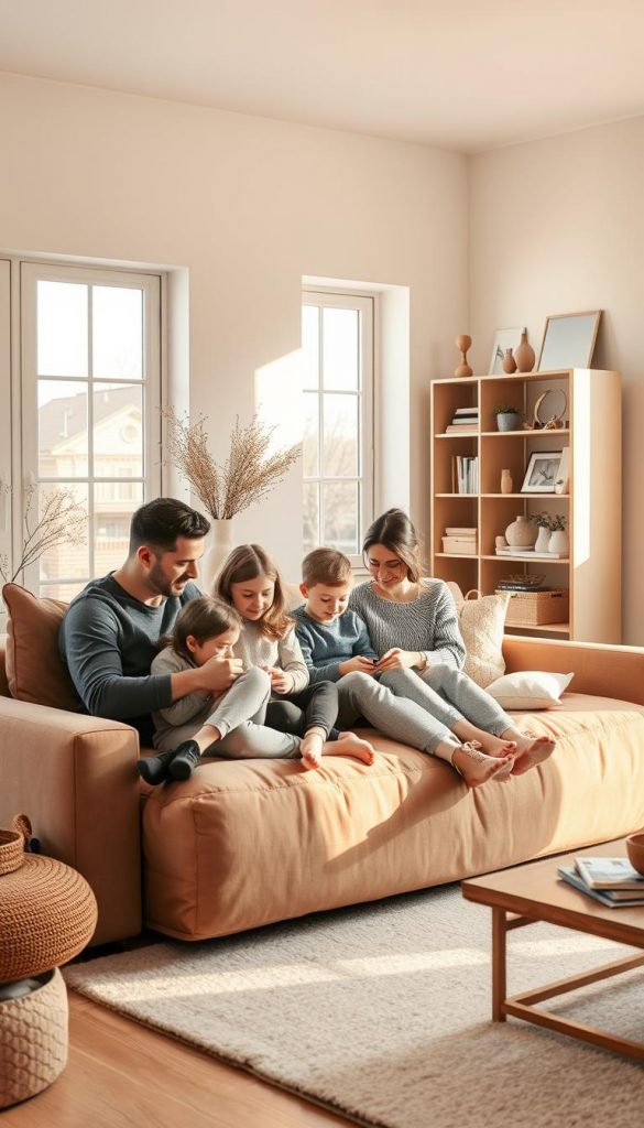 A cozy and serene living room with soft beige and gray tones, natural light filtering through large windows. A family sits on a plush, minimalist sofa, parents and children bonding over sorting and decluttering their possessions. Gentle winter sunlight casts a warm glow, as a sense of calm and mindfulness permeates the scene. In the background, a KlickKiste shelf unit displays meaningful decor and carefully curated items. The atmosphere evokes a feeling of lightness and simplicity, inspiring a &quot;Mindset &amp; Minimalismus&quot; lifestyle for the family.
