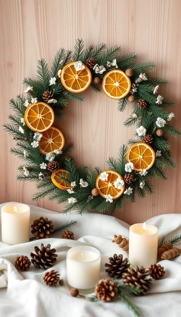 A cozy and serene still life scene featuring a classic holiday wreath in warm, natural tones. The wreath is made of fresh pine branches, dried orange slices, and delicate white flowers, artfully arranged against a backdrop of smooth, textured wood. Soft, diffused lighting casts a gentle glow, evoking a sense of rustic elegance and hygge. The composition is balanced, with the wreath taking center stage, surrounded by a minimalist arrangement of pinecones, candles, and other natural accents. An overall feeling of simple, timeless beauty and Pinterest-worthy charm.