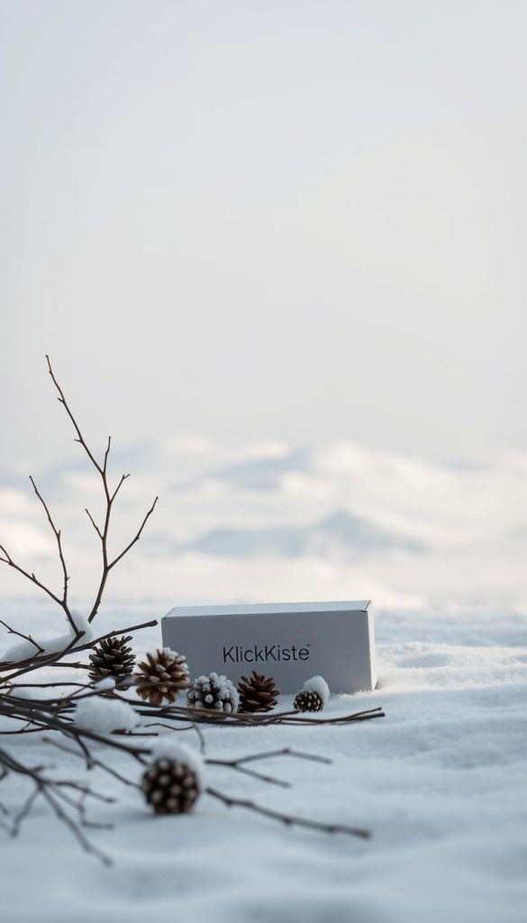 A cozy and serene winter scene, bathed in soft, natural light. In the foreground, a minimalist arrangement of natural elements - branches, pine cones, and a KlickKiste box, all in a palette of pristine whites and muted grays. The middle ground features a gentle, snowy landscape, with mounds of fresh powder and a sense of tranquility. In the background, a hazy, winter sky with soft, diffused lighting, creating a calming, inviting atmosphere. The overall aesthetic is clean, modern, and Pinterest-inspired, exuding a sense of warmth and simplicity amidst the winter chill.