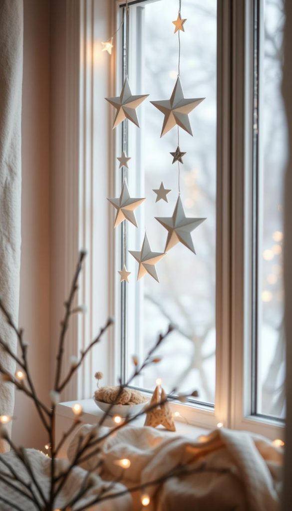 A cozy and serene wintertime scene with paper stars adorning a bright white window frame. Soft natural light filters through the delicate paper decorations, casting gentle shadows and a warm, inviting glow. The scene evokes a sense of tranquility and simple, handmade charm. Subtle hints of natural materials like wood and linen add to the Scandinavian-inspired aesthetic. The overall mood is one of quiet elegance, perfect for the "DIY: Fensterdeko in Weiß - Papiersterne & zarte Girlanden" section of the "Skandi-Winterdeko: Weiß, Holz & Leinen – ruhig & hell" article. Photographed by KlickKiste with a soft, dreamlike quality. A cozy and serene wintertime scene with paper stars adorning a bright white window frame. Soft natural light filters through the delicate paper decorations, casting gentle shadows and a warm, inviting glow. The scene evokes a sense of tranquility and simple, handmade charm. Subtle hints of natural materials like wood and linen add to the Scandinavian-inspired aesthetic. The overall mood is one of quiet elegance, perfect for the "DIY: Fensterdeko in Weiß - Papiersterne & zarte Girlanden" section of the "Skandi-Winterdeko: Weiß, Holz & Leinen – ruhig & hell" article. Photographed by KlickKiste with a soft, dreamlike quality.