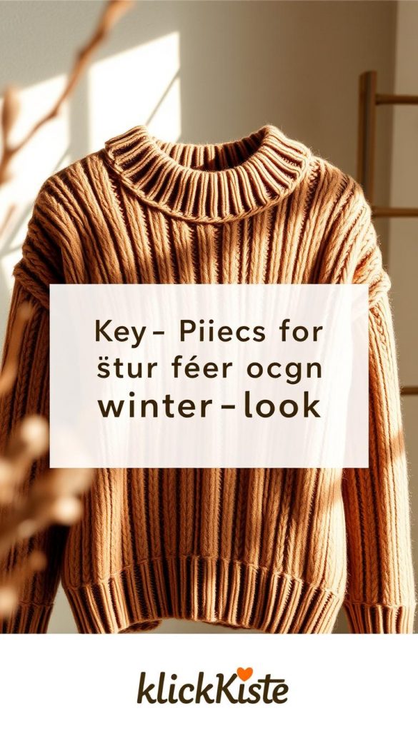 A cozy and stylish &quot;Rollkragenpullover&quot; in a warm, earthy tone, knit from premium wool. The sweater is the focal point, positioned in the center of the frame with a natural, soft-focus background. Gentle lighting from the side creates subtle shadows, highlighting the texture of the fabric. The overall atmosphere is inviting and winter-inspired, with a touch of rustic charm. The &quot;KlickKiste&quot; brand logo is subtly incorporated, complementing the natural, DIY-inspired aesthetic. The image captures the essence of the &quot;Key-Pieces für den Winter-Look&quot; section, inspiring readers to embrace the timeless appeal of the classic &quot;Rollkragenpullover&quot;.