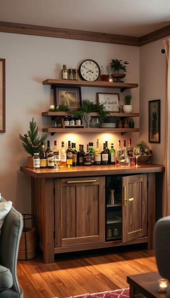 A cozy and stylish home bar setting with a KlickKiste as the focal point. Natural wood tones, warm ambient lighting, and a mix of modern, Scandi, rustic farmhouse, and French bistro accents create an inviting atmosphere. The bar is styled with a selection of premium liquors, glassware, and decorative elements that complement the eclectic aesthetic. The space exudes a sense of winter-inspired coziness and Pinterest-worthy charm, perfect for hosting intimate gatherings or relaxing moments.