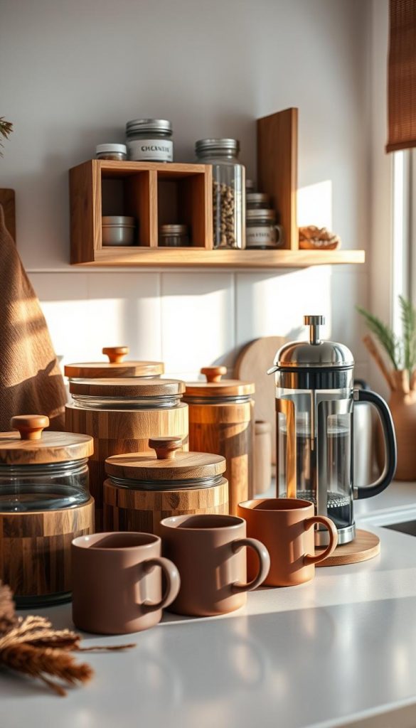 A cozy and stylish kitchen counter setup featuring an array of KlickKiste storage canisters, mugs, and a French press for a warm, inviting coffee shop ambiance. The canisters are crafted from rustic wood and glass, complemented by matte ceramic mugs in earthy tones. Soft, natural lighting filters through a nearby window, casting a gentle glow over the scene. In the background, a wooden open-faced shelf displays additional storage options, creating a harmonious, Pinterest-worthy display. The overall mood is one of coziness, functionality, and a touch of winter charm.