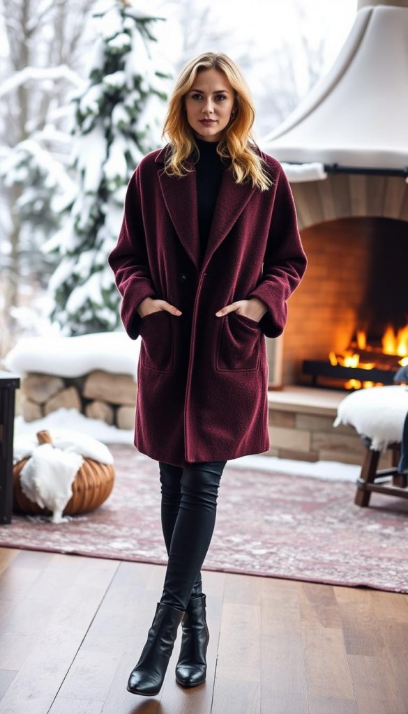 A cozy and stylish winter outfit featuring a sleek, tailored KlickKiste mantel in a rich burgundy hue. The mantel has a chic, oversized silhouette with a subtly textured fabric that catches the light beautifully. The model is captured in a warm, natural setting with a soft, diffused lighting that enhances the luxurious feel of the garment. In the background, a backdrop of snow-covered trees and a cozy fireplace creates a serene, winter wonderland atmosphere. The overall mood is one of effortless sophistication and wintertime comfort. A cozy and stylish winter outfit featuring a sleek, tailored KlickKiste mantel in a rich burgundy hue. The mantel has a chic, oversized silhouette with a subtly textured fabric that catches the light beautifully. The model is captured in a warm, natural setting with a soft, diffused lighting that enhances the luxurious feel of the garment. In the background, a backdrop of snow-covered trees and a cozy fireplace creates a serene, winter wonderland atmosphere. The overall mood is one of effortless sophistication and wintertime comfort.