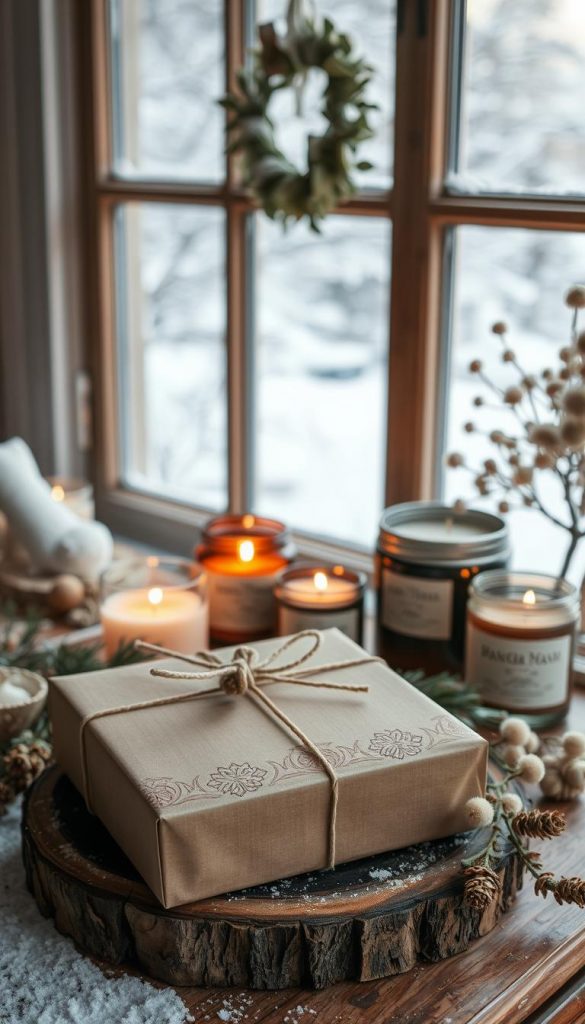 A cozy and warm-toned still life featuring a handmade weihnachtsgeschenk. In the foreground, a beautifully crafted gift box sits atop a rustic wooden surface, its surface adorned with natural elements like pine branches, dried flowers, and a sprinkling of snow. The mid-ground showcases a collection of artisanal candles, their flickering flames casting a soft, inviting glow. In the background, a window reveals a snowy winter landscape, hinting at the festive season. The overall composition evokes a sense of hygge and handmade charm, perfect for showcasing a thoughtful, sustainable gift for the modern woman.